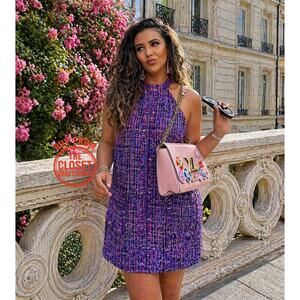 ZARA Mini Dress with Frayed Trims NWT Purple Tweed Size M, L
